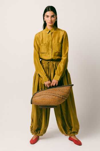 Ituvana Olive Green Silk Collared Neck Cahaya Balloon Pant Set at Aza Fashions Ituvana_Olive Green Silk Collared Neck Cahaya Balloon Pant Set _at_Aza_Fashions