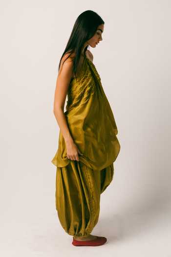 Buy Ituvana Olive Green Silk Halter Neck Sawah Top And Salwar Set Online at Aza Fashions Buy_Ituvana_Olive Green Silk Halter Neck Sawah Top And Salwar Set _Online_at_Aza_Fashions