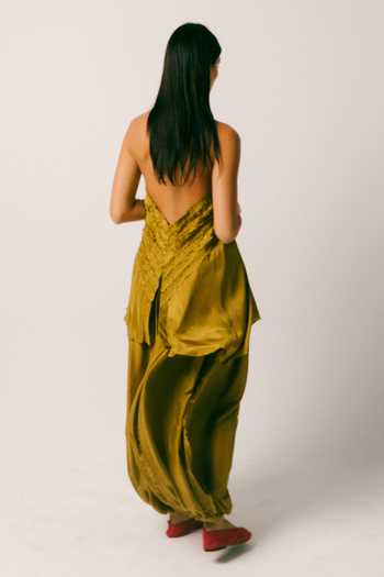 Shop Ituvana Olive Green Silk Halter Neck Sawah Top And Salwar Set Online at Aza Fashions Shop_Ituvana_Olive Green Silk Halter Neck Sawah Top And Salwar Set _Online_at_Aza_Fashions