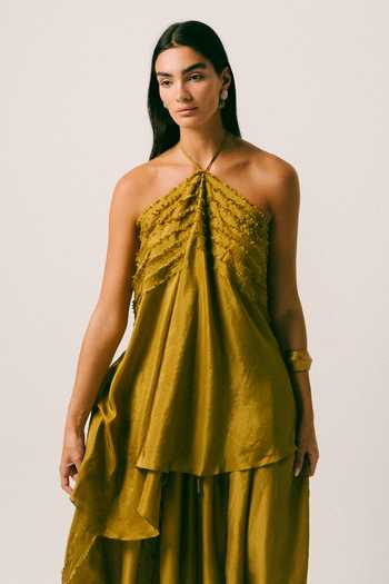 Ituvana Olive Green Silk Halter Neck Sawah Top And Salwar Set at Aza Fashions Ituvana_Olive Green Silk Halter Neck Sawah Top And Salwar Set _at_Aza_Fashions