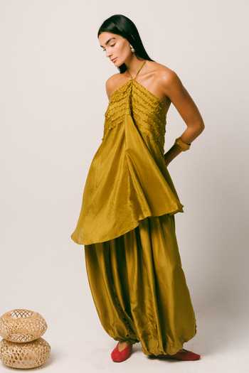 Buy Ituvana Olive Green Silk Halter Neck Sawah Top And Salwar Set Buy_Ituvana_Olive Green Silk Halter Neck Sawah Top And Salwar Set