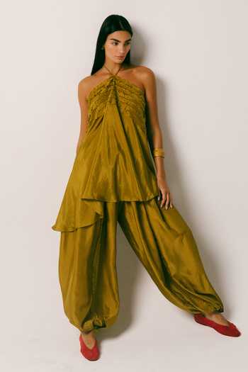 Shop Ituvana Olive Green Silk Halter Neck Sawah Top And Salwar Set Shop_Ituvana_Olive Green Silk Halter Neck Sawah Top And Salwar Set