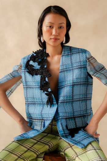 Buy Richa Khemka Blue Organza, Satin Plunge Neck Pladia Blazer And Plain Pant Set Online at Aza Fashions Buy_Richa Khemka_Blue Organza, Satin Plunge Neck Pladia Blazer And Plain Pant Set _Online_at_Aza_Fashions