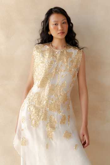 Buy_Richa Khemka_White Organza, Satin, Modal Sequins, Zari Capel Embroidered Overlay And Dress Set _Online_at_Aza_Fashions