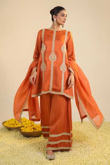 Buy Roohbyridhimaa Orange Chanderi, Silk Satin Round Neck, Yes Zainaa Embroidered Kurta Set Online at Aza Fashions Buy_Roohbyridhimaa_Orange Chanderi, Silk Satin Round Neck, Yes Zainaa Embroidered Kurta Set _Online_at_Aza_Fashions