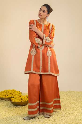 Roohbyridhimaa Orange Chanderi, Silk Satin Round Neck, Yes Zainaa Embroidered Kurta Set at Aza Fashions Roohbyridhimaa_Orange Chanderi, Silk Satin Round Neck, Yes Zainaa Embroidered Kurta Set _at_Aza_Fashions