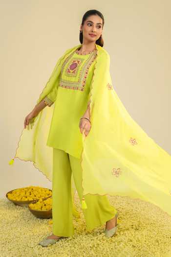 Roohbyridhimaa Yellow Organza, Silk Satin Round Neck Gulshan Lime Kurta Set at Aza Fashions Roohbyridhimaa_Yellow Organza, Silk Satin Round Neck Gulshan Lime Kurta Set _at_Aza_Fashions