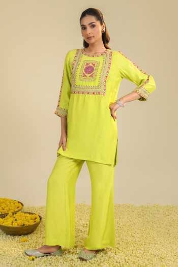 Shop Roohbyridhimaa Yellow Organza, Silk Satin Round Neck Gulshan Lime Kurta Set Shop_Roohbyridhimaa_Yellow Organza, Silk Satin Round Neck Gulshan Lime Kurta Set