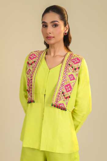 Buy Roohbyridhimaa Yellow Organza, Silk Satin Open Neck Hasi Jacket Set Online at Aza Fashions Buy_Roohbyridhimaa_Yellow Organza, Silk Satin Open Neck Hasi Jacket Set _Online_at_Aza_Fashions