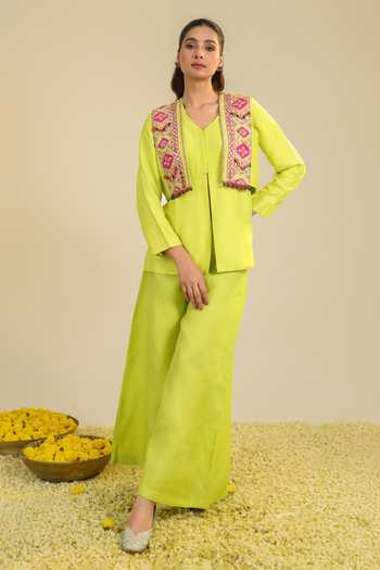 Shop Roohbyridhimaa Yellow Organza, Silk Satin Open Neck Hasi Jacket Set Online at Aza Fashions Shop_Roohbyridhimaa_Yellow Organza, Silk Satin Open Neck Hasi Jacket Set _Online_at_Aza_Fashions