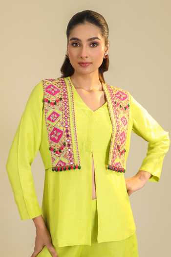 Roohbyridhimaa Yellow Organza, Silk Satin Open Neck Hasi Jacket Set at Aza Fashions Roohbyridhimaa_Yellow Organza, Silk Satin Open Neck Hasi Jacket Set _at_Aza_Fashions