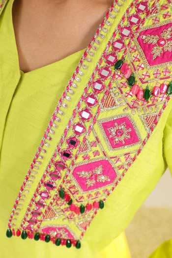 Buy Roohbyridhimaa Yellow Organza, Silk Satin Open Neck Hasi Jacket Set Buy_Roohbyridhimaa_Yellow Organza, Silk Satin Open Neck Hasi Jacket Set