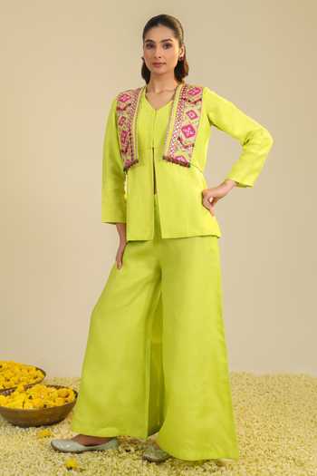 Shop Roohbyridhimaa Yellow Organza, Silk Satin Open Neck Hasi Jacket Set Shop_Roohbyridhimaa_Yellow Organza, Silk Satin Open Neck Hasi Jacket Set