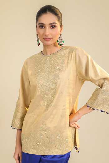 Buy Roohbyridhimaa Gold Tissue, Silk Satin Round Neck Eda Embroidered Kurta Set Online at Aza Fashions Buy_Roohbyridhimaa_Gold Tissue, Silk Satin Round Neck Eda Embroidered Kurta Set _Online_at_Aza_Fashions