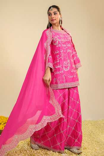 Roohbyridhimaa Pink Silk, Organza, Viscose Embroidery Round Neck Mehrban Kurta Set Online at Aza Fashions Roohbyridhimaa_Pink Silk, Organza, Viscose Embroidery Round Neck Mehrban Kurta Set _Online_at_Aza_Fashions