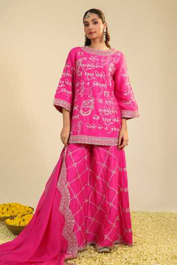 Shop Roohbyridhimaa Pink Silk, Organza, Viscose Embroidery Round Neck Mehrban Kurta Set Online at Aza Fashions Shop_Roohbyridhimaa_Pink Silk, Organza, Viscose Embroidery Round Neck Mehrban Kurta Set _Online_at_Aza_Fashions