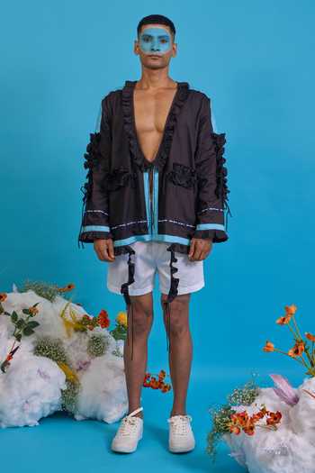 Saim_Black Cotton Gathered Ruffled Jacket _at_Aza_Fashions