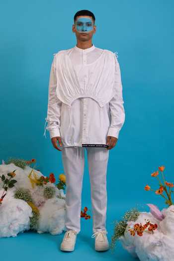 Saim White Cotton Gathered Apron Shirt at Aza Fashions Saim_White Cotton Gathered Apron Shirt _at_Aza_Fashions