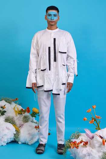 Shop Saim White Cotton Gathered Ruffle Shirt Online at Aza Fashions Shop_Saim_White Cotton Gathered Ruffle Shirt _Online_at_Aza_Fashions