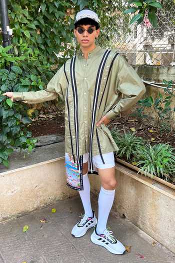 Shop_Saim_Green Cotton Deconstructed Buttons Shirt _Online_at_Aza_Fashions
