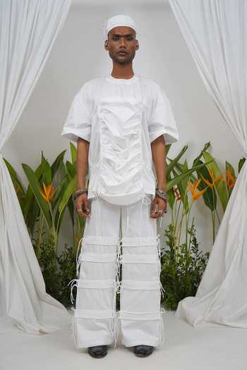 Saim White Cotton Gathered Pocket Tshirt at Aza Fashions Saim_White Cotton Gathered Pocket Tshirt _at_Aza_Fashions