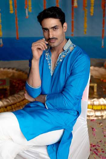 Mint Blush Blue Silk, Cotton Cobalt Kurta And Pant Set Online at Aza Fashions Mint Blush_Blue Silk, Cotton Cobalt Kurta And Pant Set _Online_at_Aza_Fashions