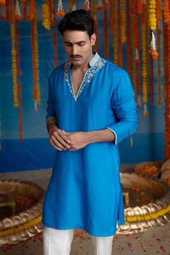 Buy Mint Blush Blue Silk, Cotton Cobalt Kurta And Pant Set Online at Aza Fashions Buy_Mint Blush_Blue Silk, Cotton Cobalt Kurta And Pant Set _Online_at_Aza_Fashions