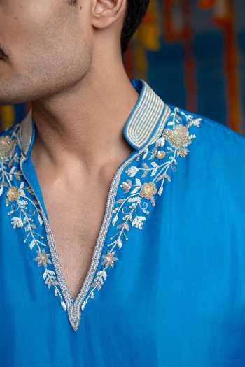 Shop Mint Blush Blue Silk, Cotton Cobalt Kurta And Pant Set Online at Aza Fashions Shop_Mint Blush_Blue Silk, Cotton Cobalt Kurta And Pant Set _Online_at_Aza_Fashions
