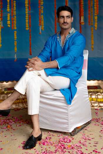 Mint Blush Blue Silk, Cotton Cobalt Kurta And Pant Set at Aza Fashions Mint Blush_Blue Silk, Cotton Cobalt Kurta And Pant Set _at_Aza_Fashions