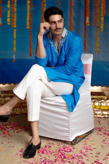 Buy Mint Blush Blue Silk, Cotton Cobalt Kurta And Pant Set Buy_Mint Blush_Blue Silk, Cotton Cobalt Kurta And Pant Set