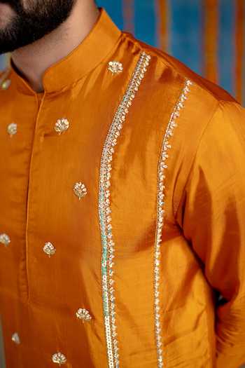 Shop Mint Blush Orange Silk Saffron Gota Patti Work Kurta Set Online at Aza Fashions Shop_Mint Blush_Orange Silk Saffron Gota Patti Work Kurta Set _Online_at_Aza_Fashions