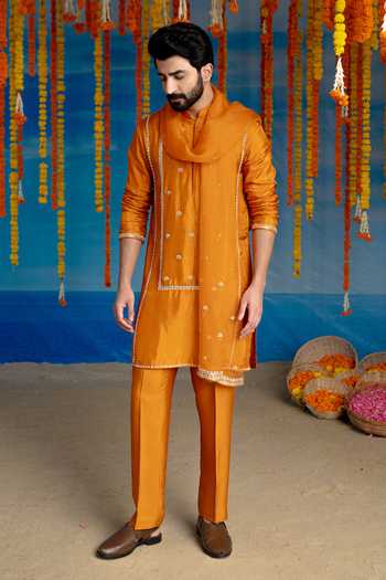 Mint Blush Orange Silk Saffron Gota Patti Work Kurta Set at Aza Fashions Mint Blush_Orange Silk Saffron Gota Patti Work Kurta Set _at_Aza_Fashions