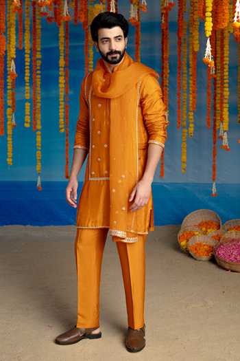 Shop Mint Blush Orange Silk Saffron Gota Patti Work Kurta Set Shop_Mint Blush_Orange Silk Saffron Gota Patti Work Kurta Set