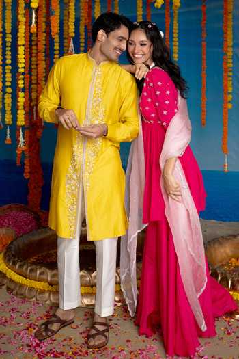 Mint Blush Yellow Chanderi Silk Sunray Embroidered Kurta Set at Aza Fashions Mint Blush_Yellow Chanderi Silk Sunray Embroidered Kurta Set _at_Aza_Fashions