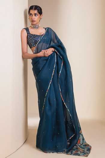 Shop Aamra By Lavanya Blue Silk, Organza Square Neck Sequin Blouse With Saree Online at Aza Fashions Shop_Aamra By Lavanya_Blue Silk, Organza Square Neck Sequin Blouse With Saree _Online_at_Aza_Fashions