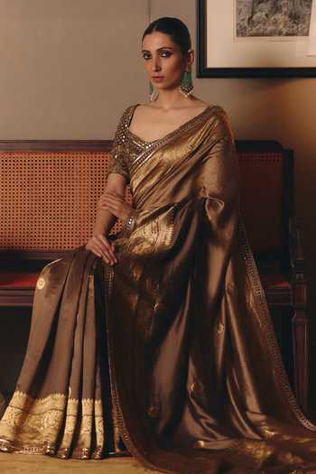 MATSYA Gold Silk Square Neck The Sheeshraag Walnut Saree With Blouse Online at Aza Fashions MATSYA_Gold Silk Square Neck The Sheeshraag Walnut Saree With Blouse _Online_at_Aza_Fashions