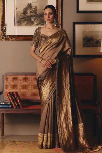 Buy MATSYA Gold Silk Square Neck The Sheeshraag Walnut Saree With Blouse Online at Aza Fashions Buy_MATSYA_Gold Silk Square Neck The Sheeshraag Walnut Saree With Blouse _Online_at_Aza_Fashions