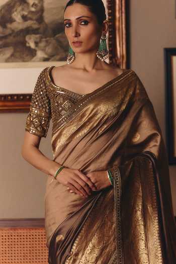 Shop MATSYA Gold Silk Square Neck The Sheeshraag Walnut Saree With Blouse Online at Aza Fashions Shop_MATSYA_Gold Silk Square Neck The Sheeshraag Walnut Saree With Blouse _Online_at_Aza_Fashions