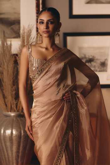 MATSYA Peach Tissue, Silk Square Neck Aged Sheeshrag Embroidered Saree With Blouse Online at Aza Fashions MATSYA_Peach Tissue, Silk Square Neck Aged Sheeshrag Embroidered Saree With Blouse _Online_at_Aza_Fashions