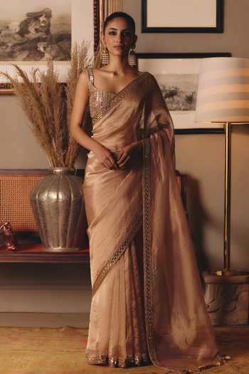 MATSYA Aged Peach Sheeshrag Embroidered Saree With Blouse