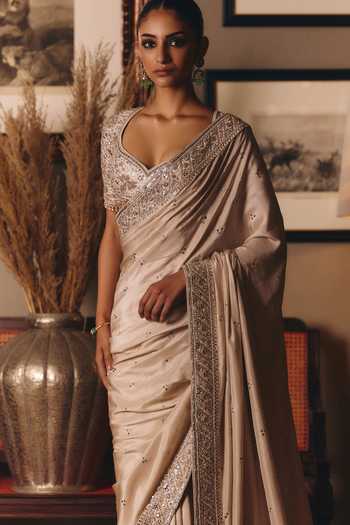 MATSYA Beige Silk V-neck The Three Graces Mukaish Saree With Blouse Online at Aza Fashions MATSYA_Beige Silk V-neck The Three Graces Mukaish Saree With Blouse _Online_at_Aza_Fashions