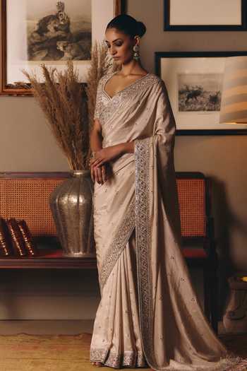 Buy MATSYA Beige Silk V-neck The Three Graces Mukaish Saree With Blouse Online at Aza Fashions Buy_MATSYA_Beige Silk V-neck The Three Graces Mukaish Saree With Blouse _Online_at_Aza_Fashions