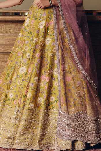 Buy MATSYA Yellow Silk, Tissue Square Neck The Roman Bouquet Floral Embroidered Lehenga Set Online at Aza Fashions Buy_MATSYA_Yellow Silk, Tissue Square Neck The Roman Bouquet Floral Embroidered Lehenga Set _Online_at_Aza_Fashions