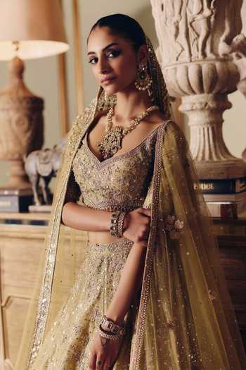 MATSYA Gold Silk, Tissue Sweetheart Neck The Royal Masai Landscape Aged Lehenga Set Online at Aza Fashions MATSYA_Gold Silk, Tissue Sweetheart Neck The Royal Masai Landscape Aged Lehenga Set _Online_at_Aza_Fashions