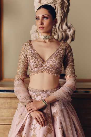 Buy MATSYA Pink Silk V-neck The Sona Kora Gulabi Embroidered Lehenga Set Online at Aza Fashions Buy_MATSYA_Pink Silk V-neck The Sona Kora Gulabi Embroidered Lehenga Set _Online_at_Aza_Fashions
