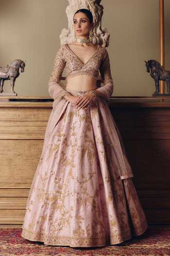 Shop MATSYA Pink Silk V-neck The Sona Kora Gulabi Embroidered Lehenga Set Online at Aza Fashions Shop_MATSYA_Pink Silk V-neck The Sona Kora Gulabi Embroidered Lehenga Set _Online_at_Aza_Fashions