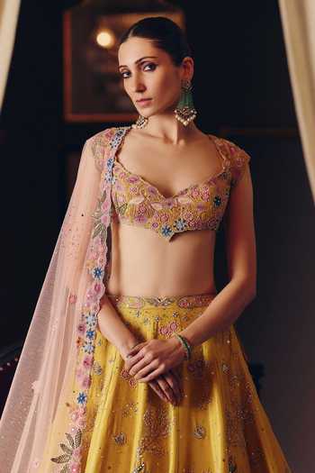 MATSYA Yellow Silk Sweetheart Neck The Flamingo Landscape Embroidered Lehenga Set Online at Aza Fashions MATSYA_Yellow Silk Sweetheart Neck The Flamingo Landscape Embroidered Lehenga Set _Online_at_Aza_Fashions