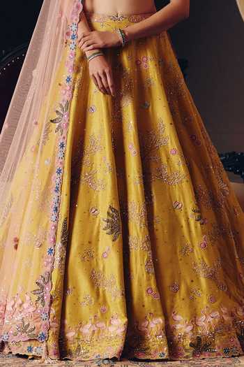 Buy MATSYA Yellow Silk Sweetheart Neck The Flamingo Landscape Embroidered Lehenga Set Online at Aza Fashions Buy_MATSYA_Yellow Silk Sweetheart Neck The Flamingo Landscape Embroidered Lehenga Set _Online_at_Aza_Fashions