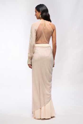 Aariyana Couture Off White Net Embroidery, Sequins, Beads, Draped Saree Skirt Set With Bodysuit at Aza Fashions Aariyana Couture_Off White Net Embroidery, Sequins, Beads, Draped Saree Skirt Set With Bodysuit _at_Aza_Fashions