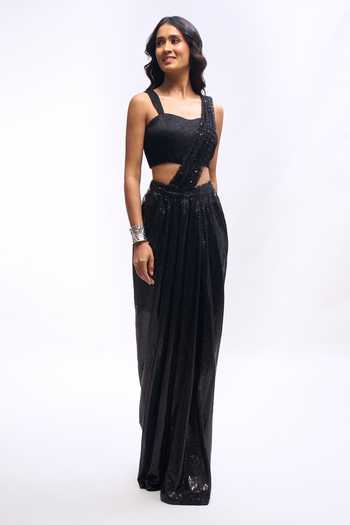 Aariyana Couture Sequin Draped Saree Skirt Set With Blouse